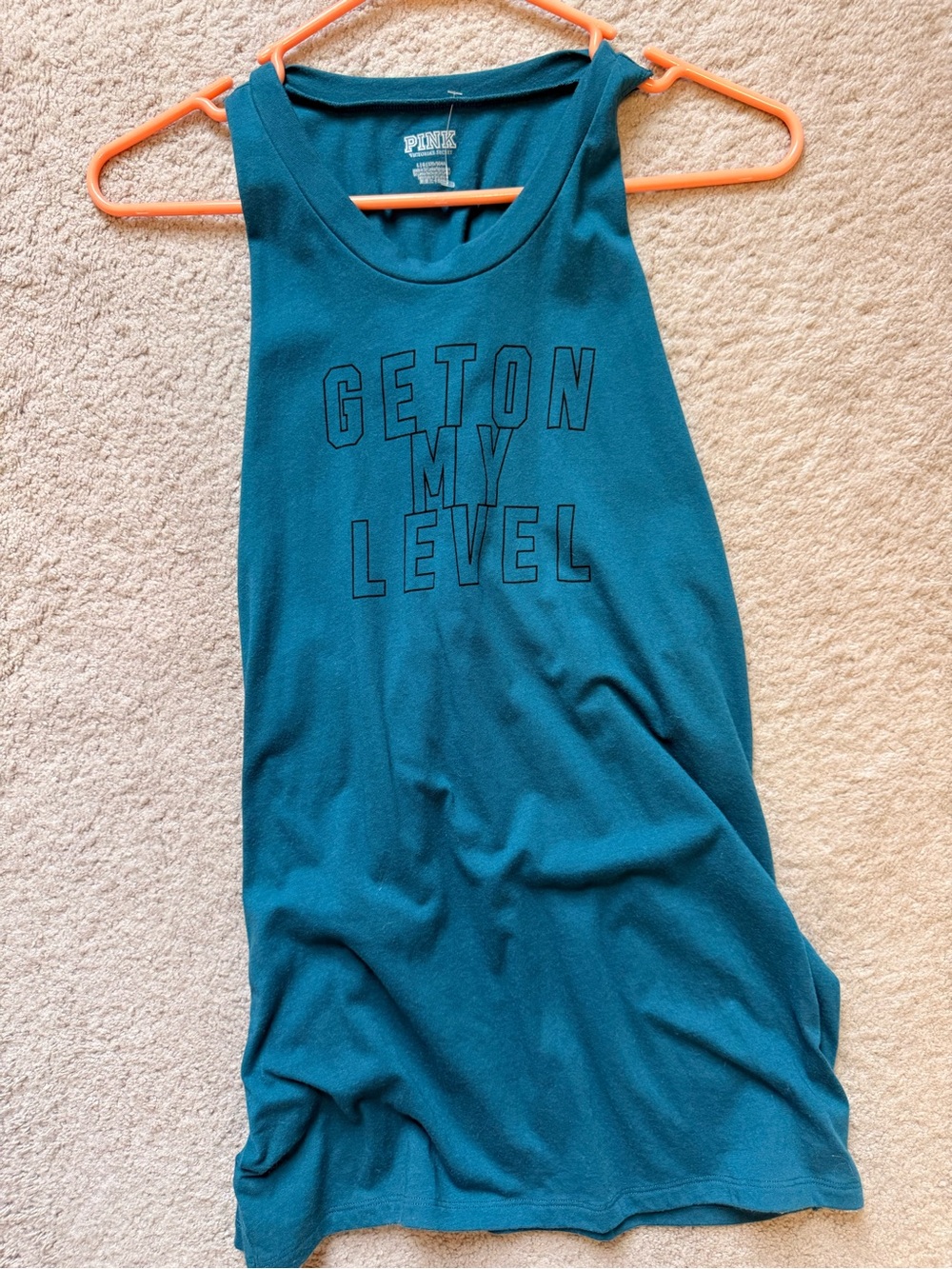 PINK Victoria's Secret Teal Racerback Tank with 'GET ON MY LEVEL' Print